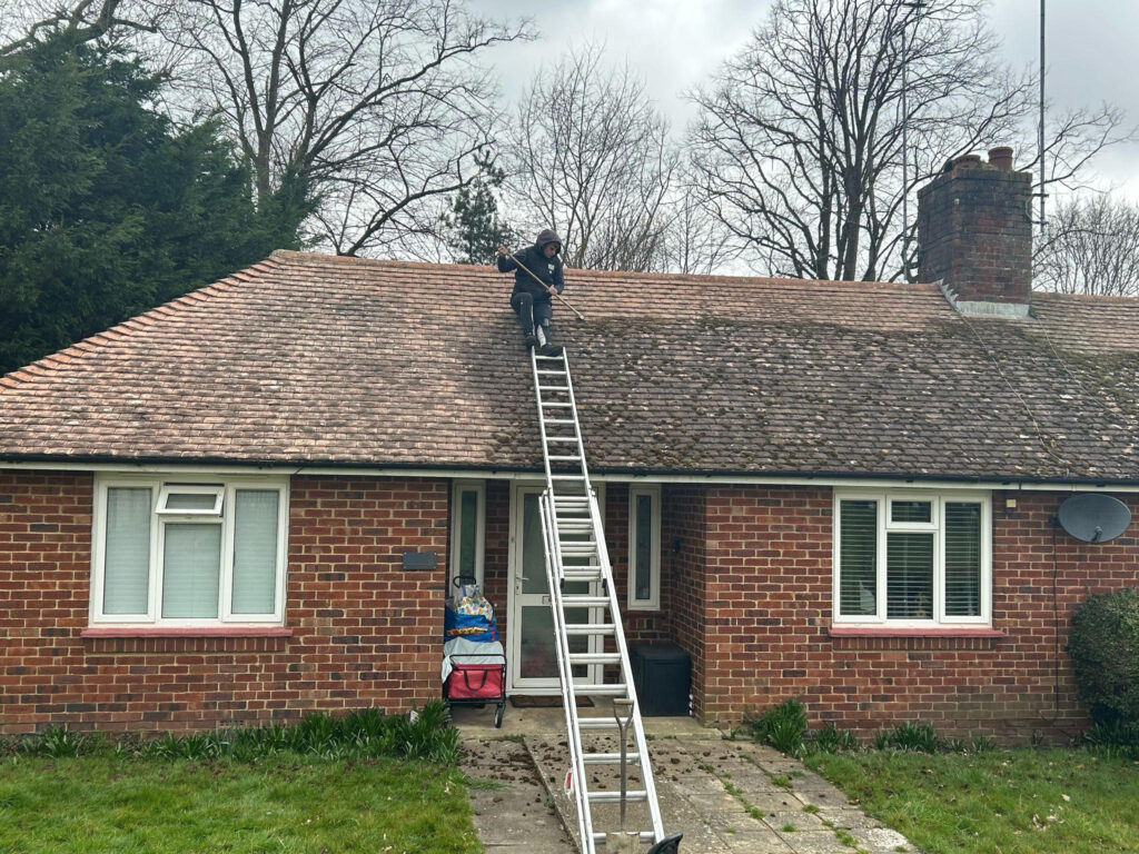 Worker cleaning moss from a house roof using a ladde